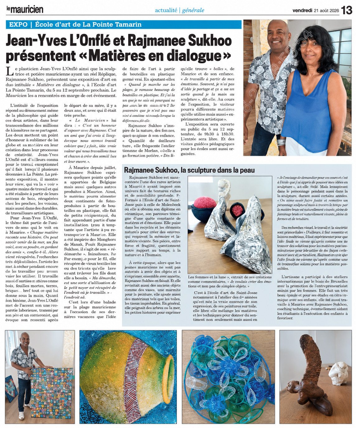 Article du Mauricien consacré à Rajmanee Sukhoo et à l’exposition Matières en dialogue